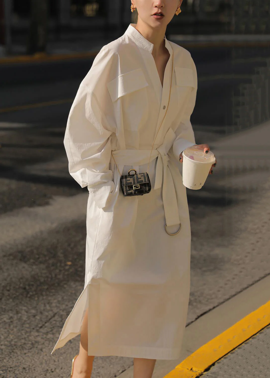 Loose White Pockets Tie Waist Side Open Cotton Blouses Dress Fall - Image 5