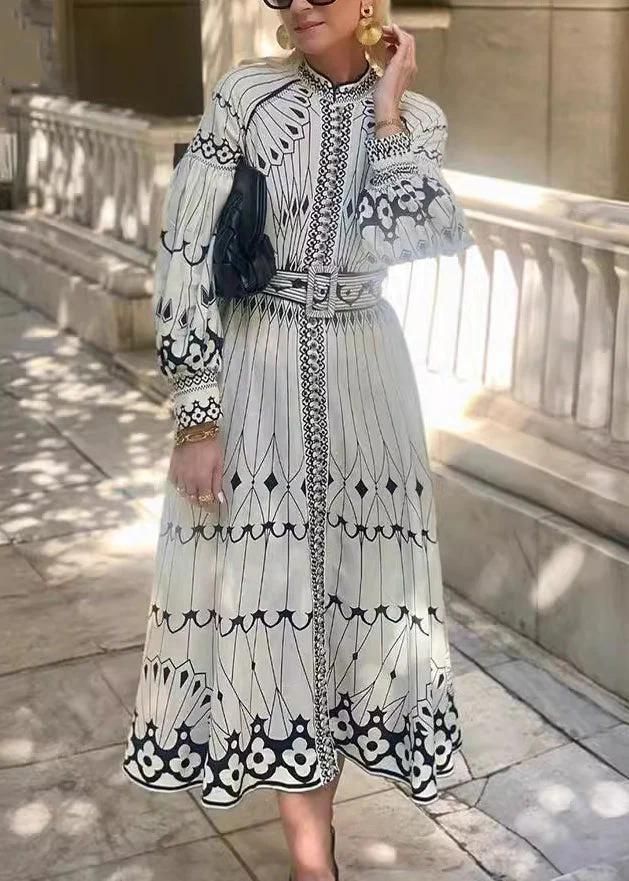 Loose White Print Sashes Cotton Maxi Dress Lantern Sleeve