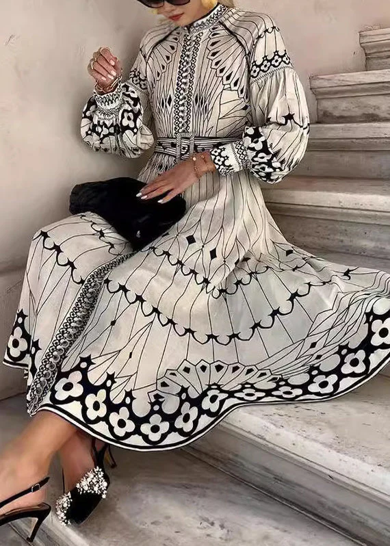 Loose White Print Sashes Cotton Maxi Dress Lantern Sleeve - Image 2