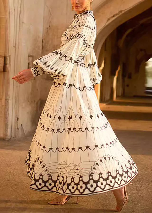 Loose White Print Sashes Cotton Maxi Dress Lantern Sleeve - Image 3