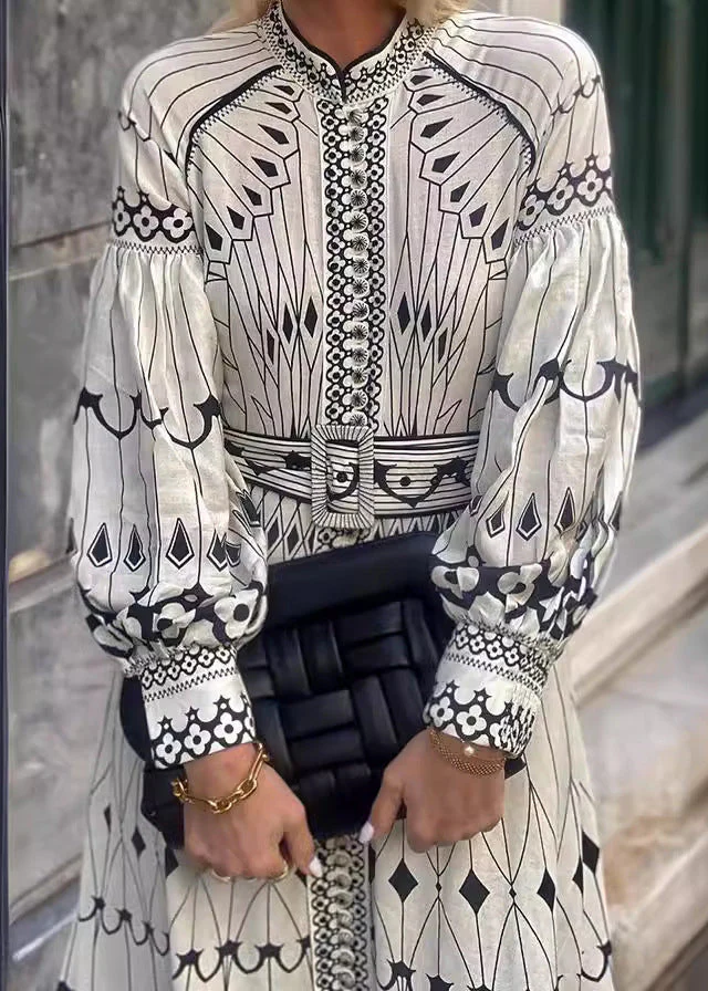 Loose White Print Sashes Cotton Maxi Dress Lantern Sleeve - Image 4