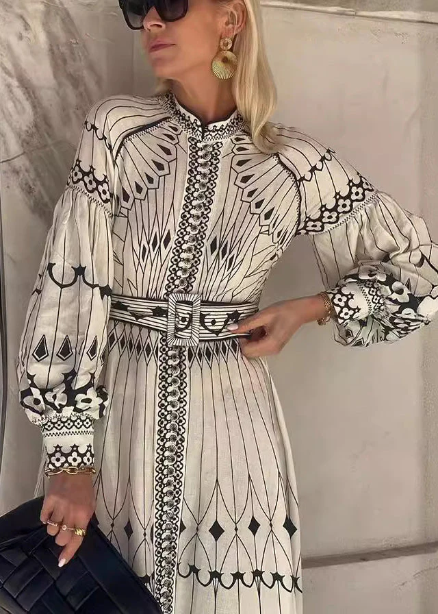 Loose White Print Sashes Cotton Maxi Dress Lantern Sleeve - Image 5