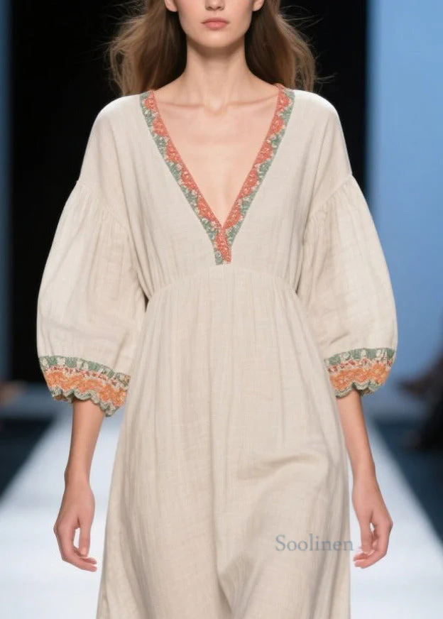 Loose White Puff Sleeve Patchwork Linen Dress Summer - Image 2
