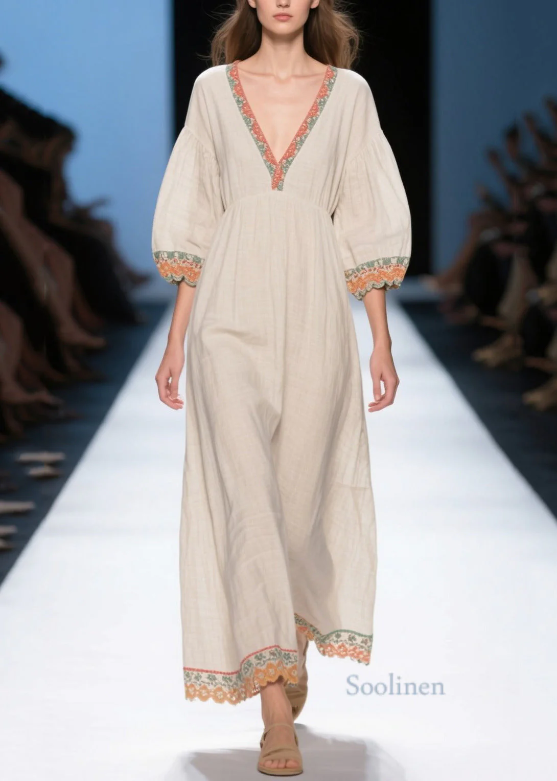Loose White Puff Sleeve Patchwork Linen Dress Summer - Image 3