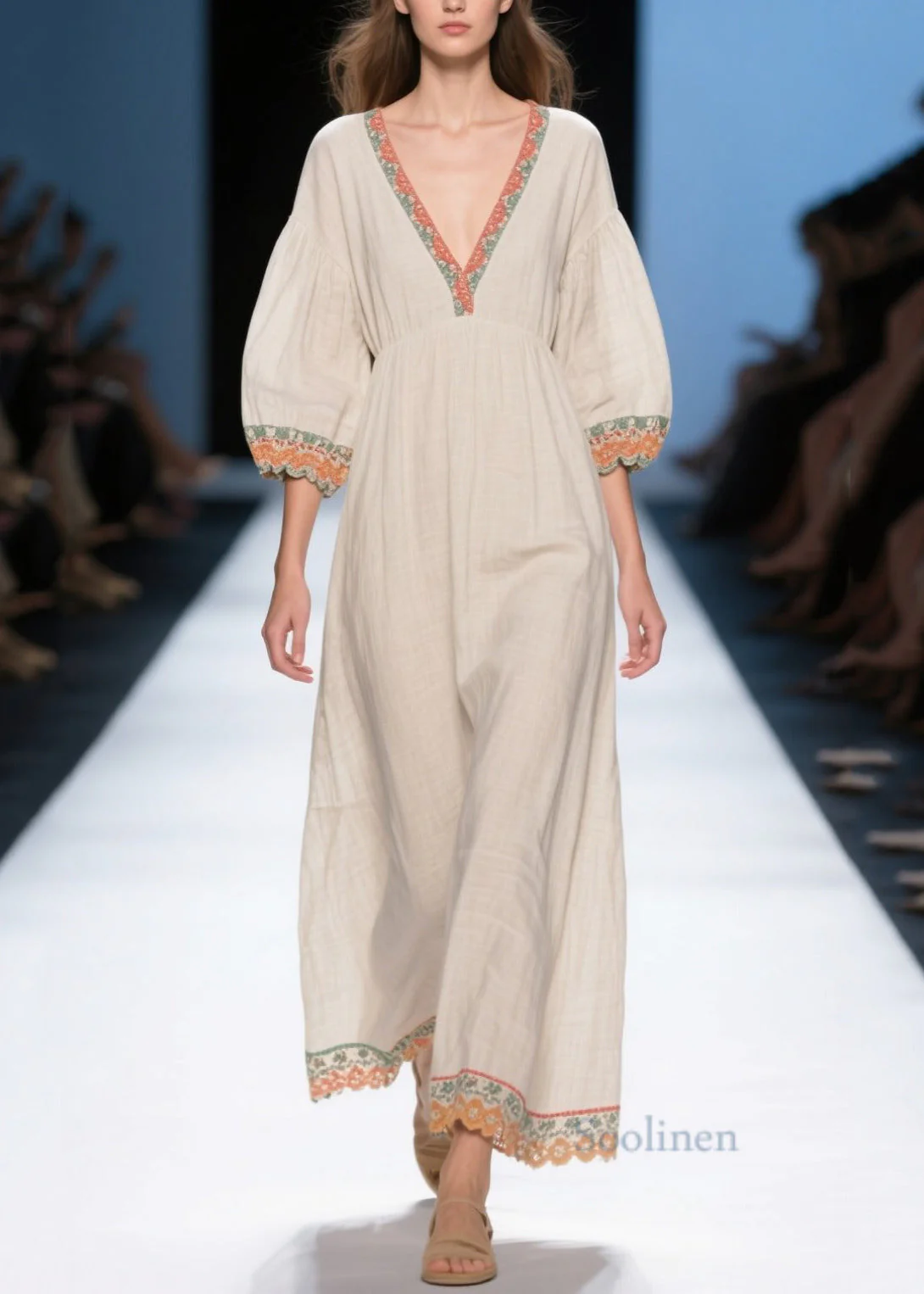 Loose White Puff Sleeve Patchwork Linen Dress Summer - Image 5