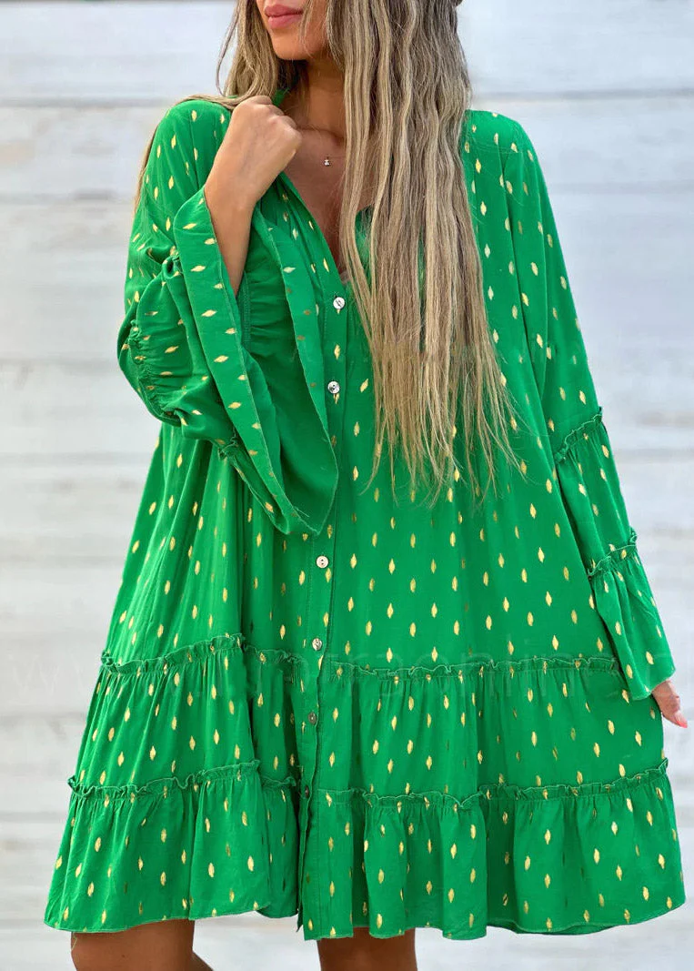 Loose White Ruffled Print Button Mid Dress Fall - Image 3