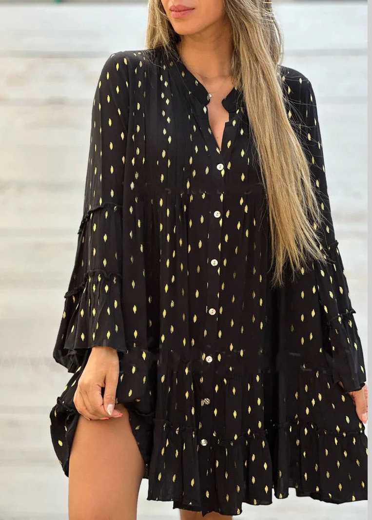 Loose White Ruffled Print Button Mid Dress Fall - Image 4
