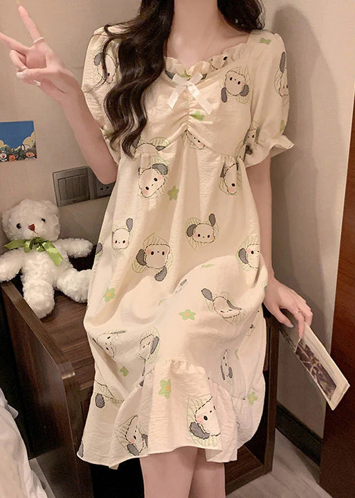 Loose White Ruffled Print Cotton Pajamas Long Dress Summer - Image 2