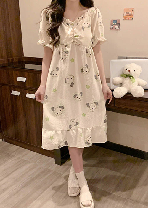 Loose White Ruffled Print Cotton Pajamas Long Dress Summer - Image 3