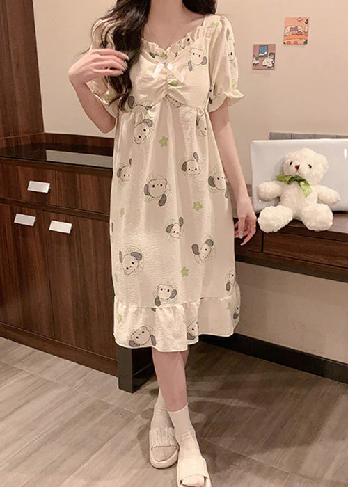 Loose White Ruffled Print Cotton Pajamas Long Dress Summer - Image 4