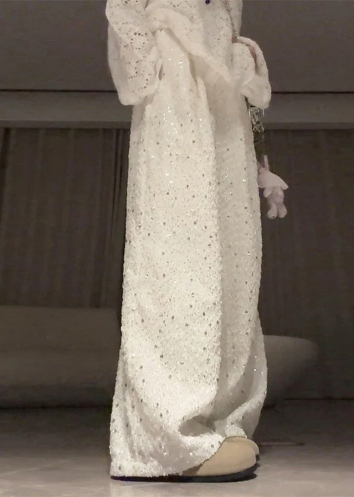 Loose White Sequins Cotton Wide Leg Pants Trousers Spring