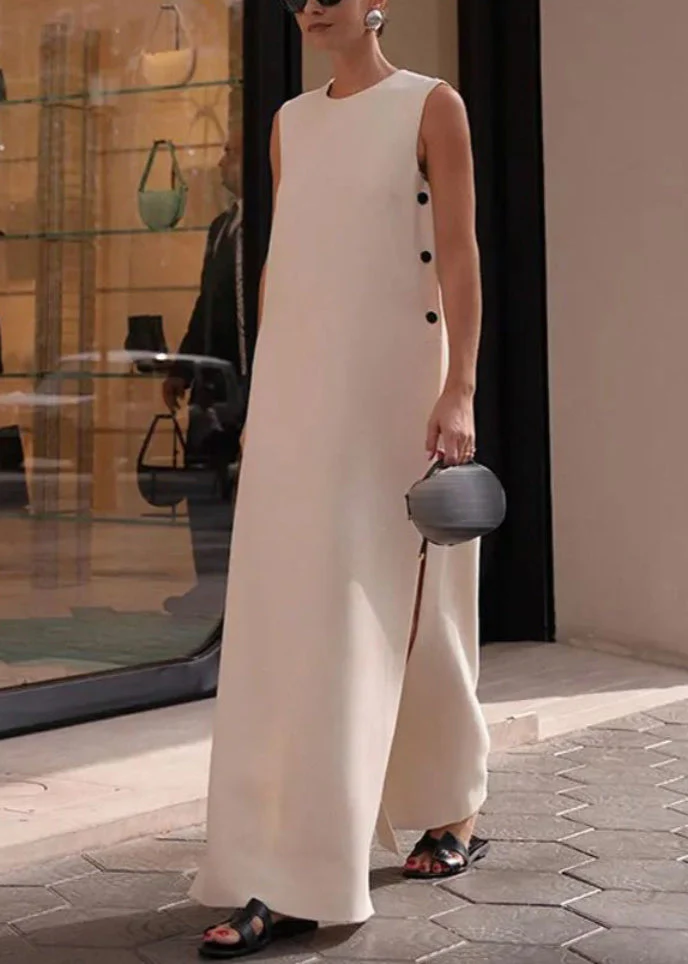Loose White Side Open Solid Cotton Long Dresses Sleeveless - Image 3