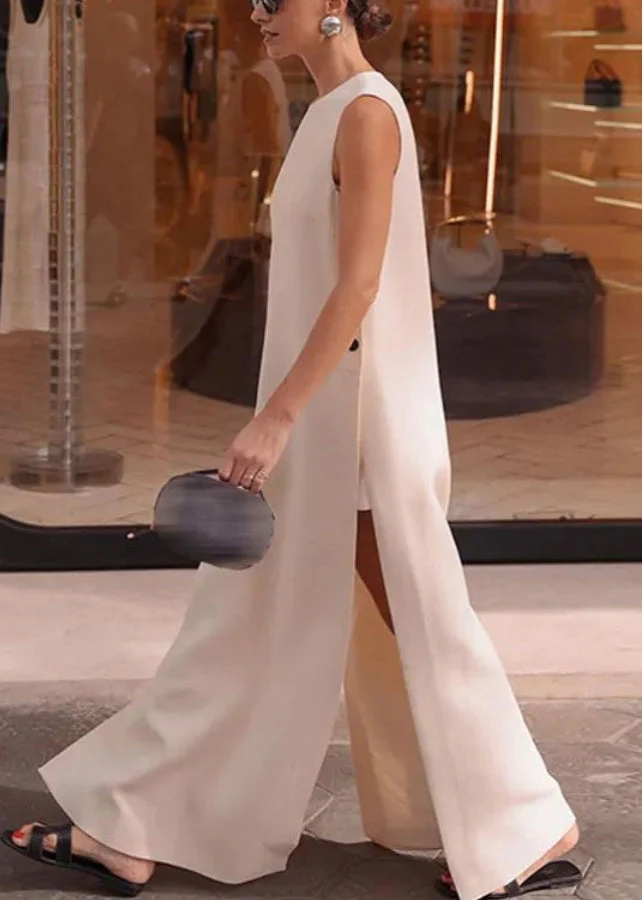 Loose White Side Open Solid Cotton Long Dresses Sleeveless - Image 4