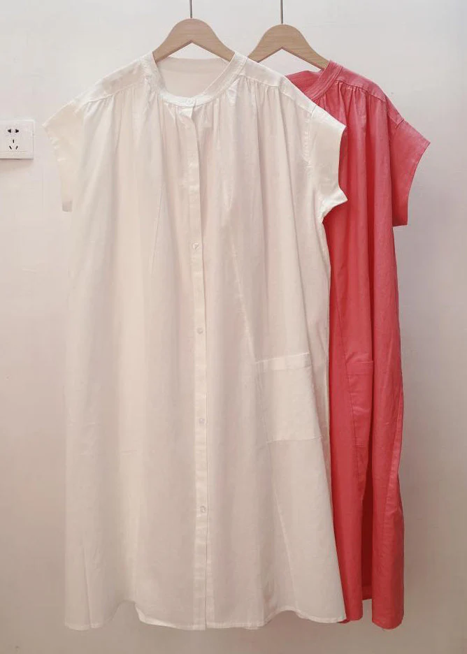 Loose White Solid Button Pockets Cotton Shirt Dresses Summer - Image 4