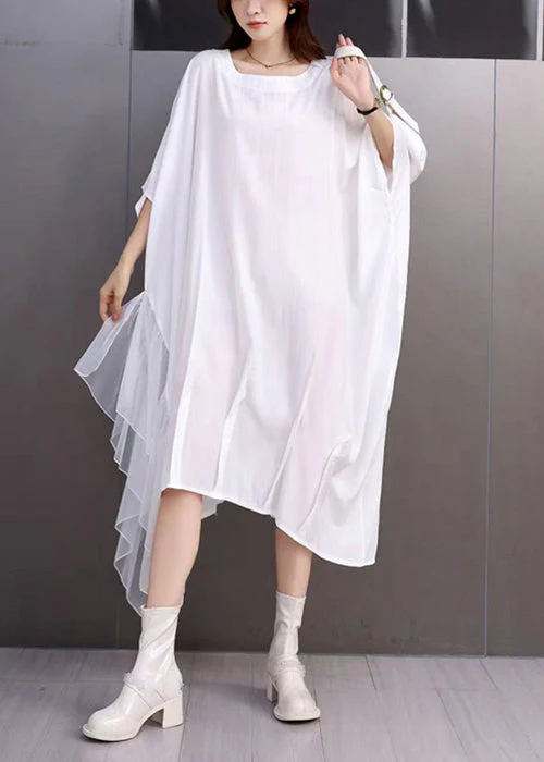 Loose White Square Collar Solid Dress Batwing Sleeve - Image 3