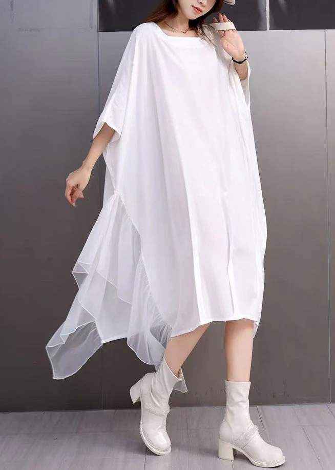 Loose White Square Collar Solid Dress Batwing Sleeve - Image 4
