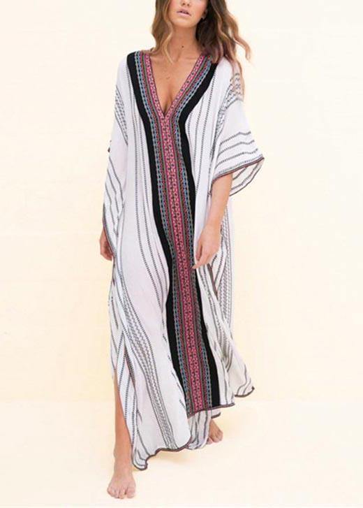 Loose White Striped Patchwork Beach Gown Holiday Cotton Dress - Image 2