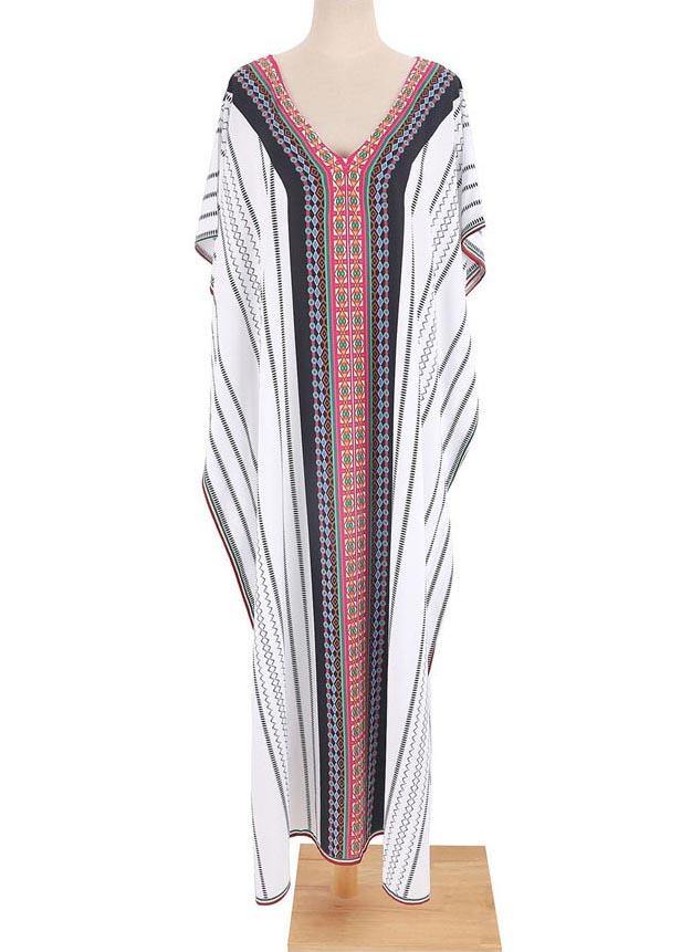 Loose White Striped Patchwork Beach Gown Holiday Cotton Dress - Image 3