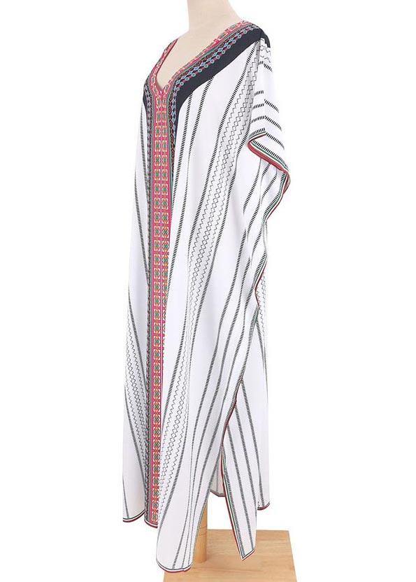 Loose White Striped Patchwork Beach Gown Holiday Cotton Dress - Image 4