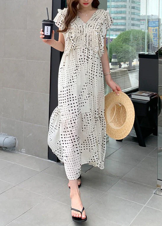 Loose White V Neck Asymmetrical Patchwork Wrinkled Dot Maxi Dress Short Sleeve - Image 2