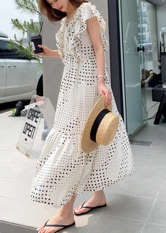 Loose White V Neck Asymmetrical Patchwork Wrinkled Dot Maxi Dress Short Sleeve - Image 3