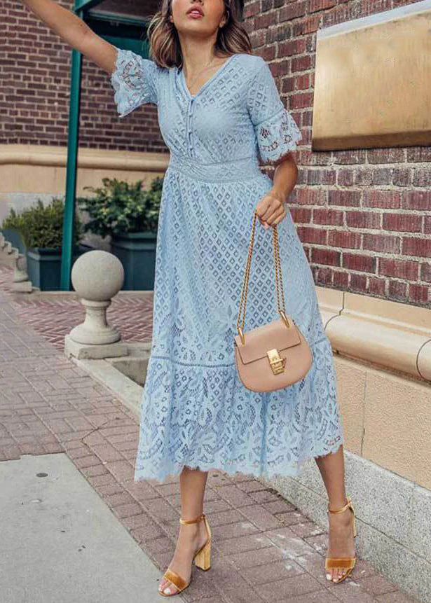 Loose White V Neck Hollow Out Lace Maxi Dress Summer - Image 2