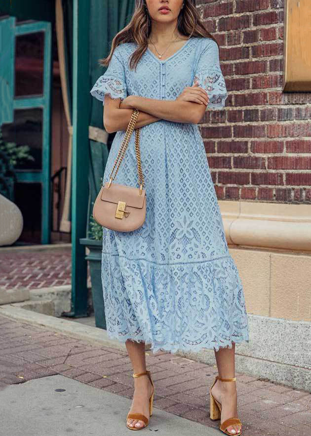 Loose White V Neck Hollow Out Lace Maxi Dress Summer - Image 3