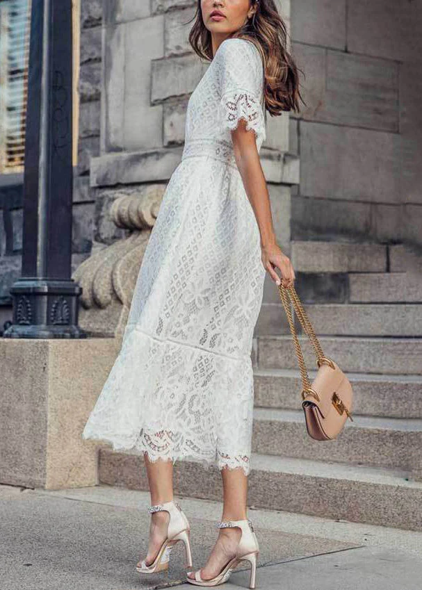 Loose White V Neck Hollow Out Lace Maxi Dress Summer - Image 4