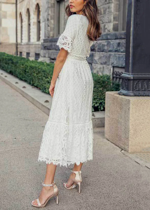Loose White V Neck Hollow Out Lace Maxi Dress Summer - Image 5