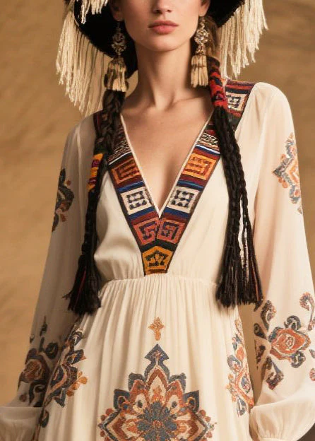 Loose White V Neck Print Chiffon Holiday Dress Fall - Image 2