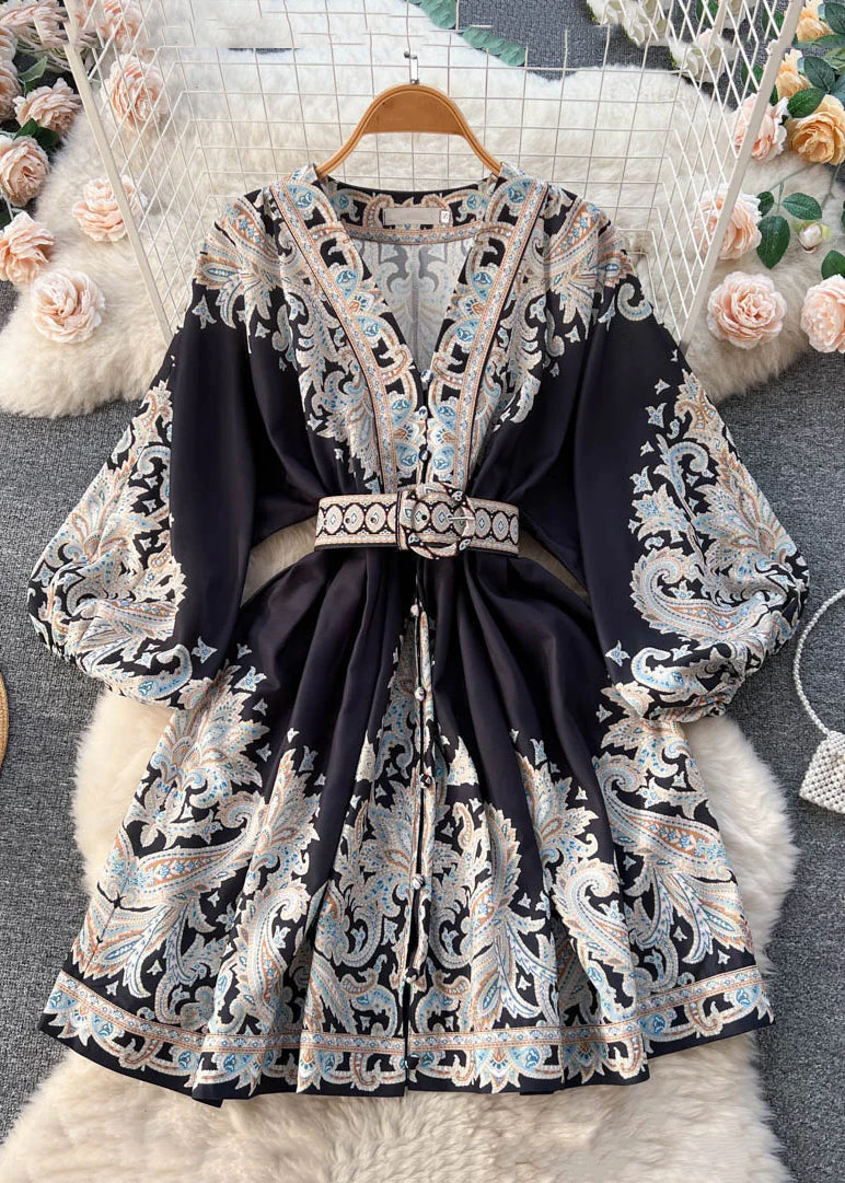 Loose White V Neck Print Cotton Mid Dress Long Sleeve - Image 2