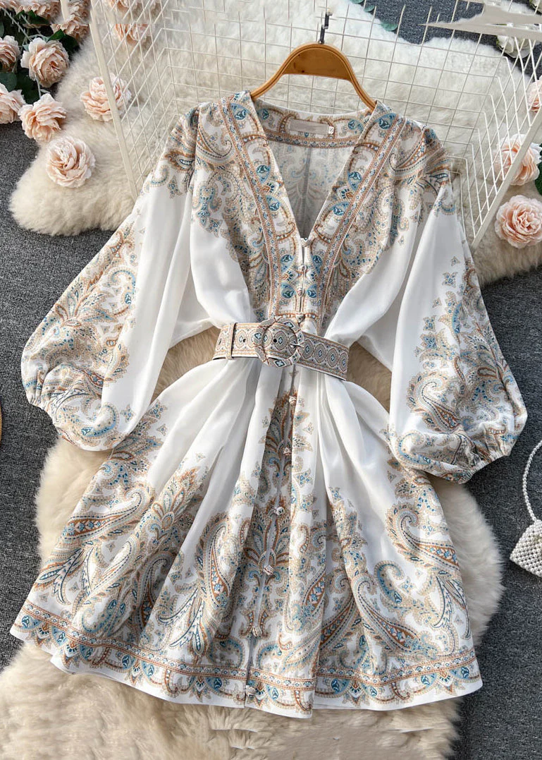 Loose White V Neck Print Cotton Mid Dress Long Sleeve - Image 3