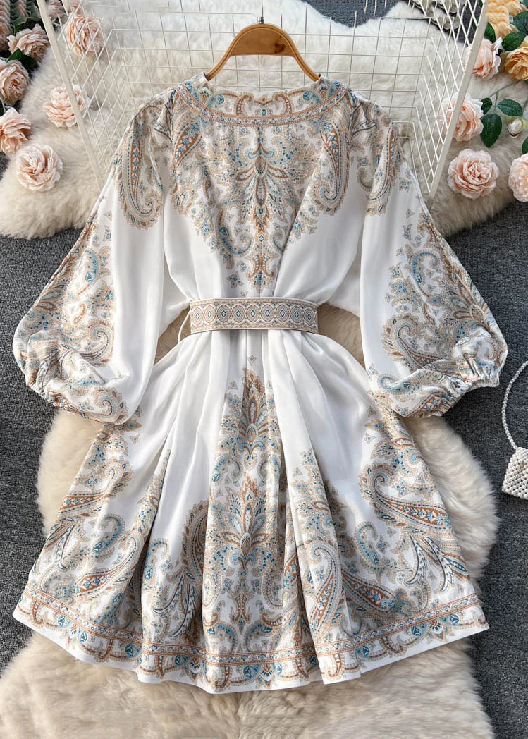 Loose White V Neck Print Cotton Mid Dress Long Sleeve - Image 4