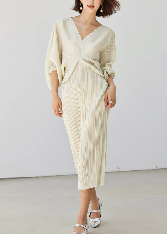 Loose White V Neck Side Open Cotton Long Dress Batwing Sleeve - Image 3