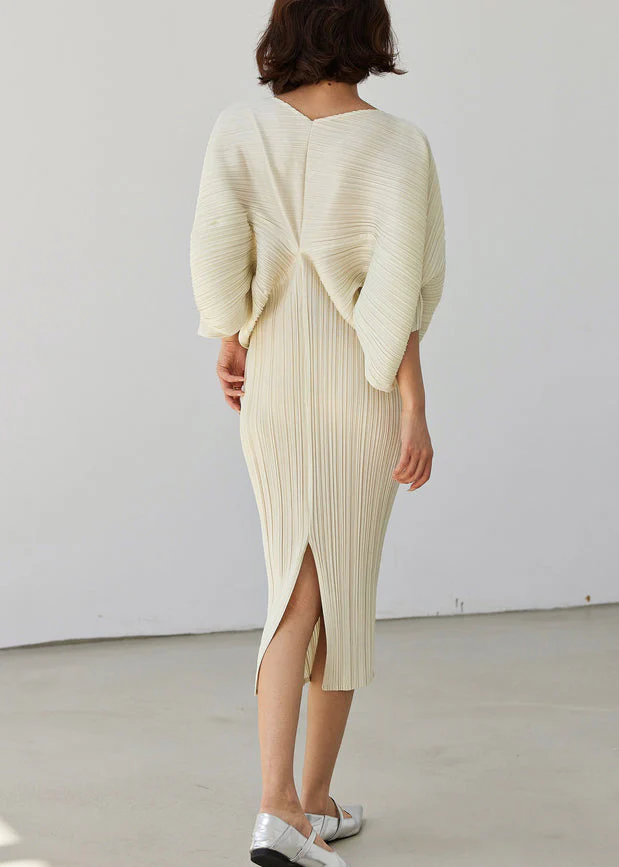 Loose White V Neck Side Open Cotton Long Dress Batwing Sleeve - Image 5