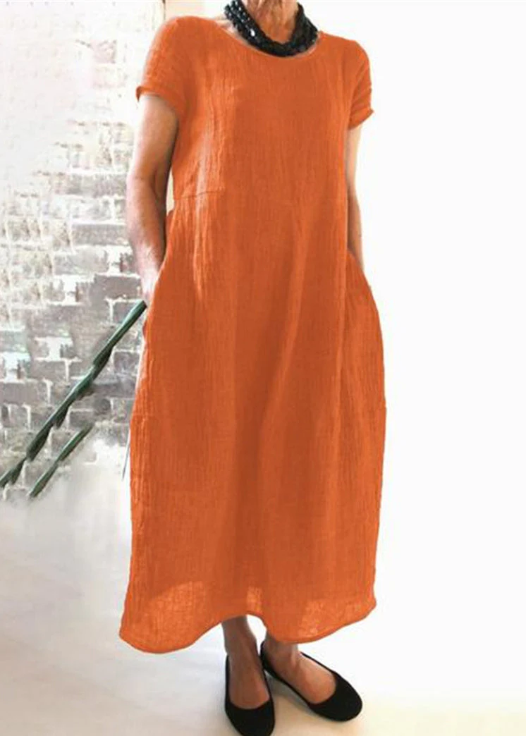 Loose Wine Red O Neck Pockets Cotton Dress Summer - Image 2