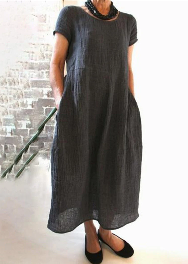 Loose Wine Red O Neck Pockets Cotton Dress Summer - Image 3