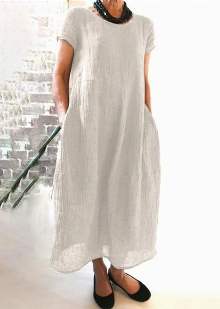 Loose Wine Red O Neck Pockets Cotton Dress Summer - Image 4
