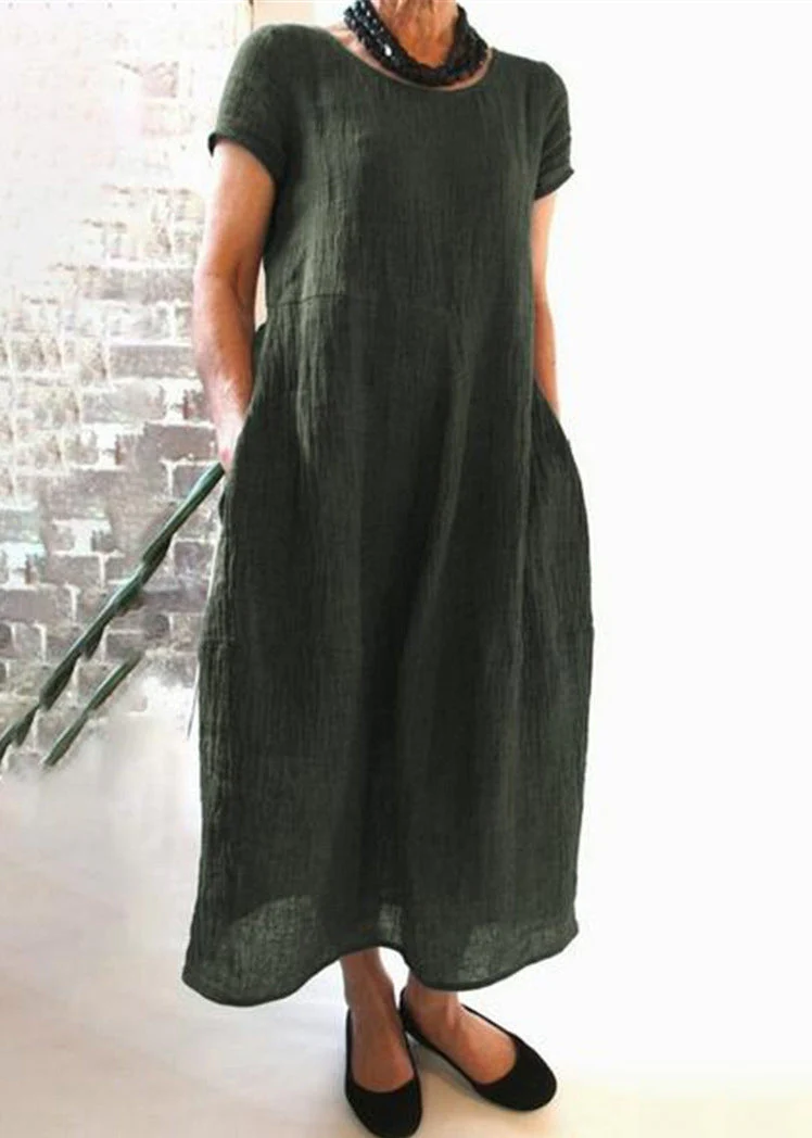 Loose Wine Red O Neck Pockets Cotton Dress Summer - Image 5