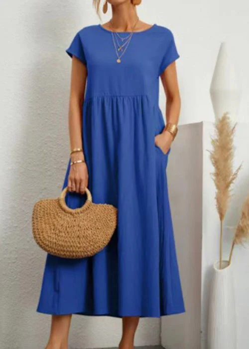 Loose Wine Red O Neck Pockets Solid Cotton Long Dresses Summer - Image 2