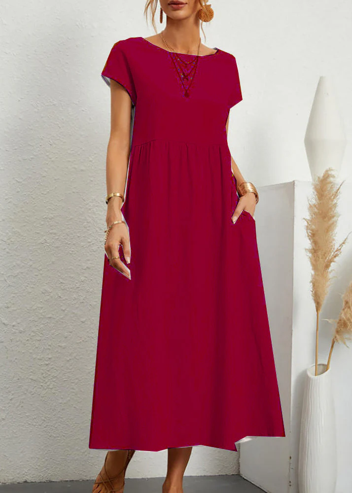 Loose Wine Red O Neck Pockets Solid Cotton Long Dresses Summer - Image 3