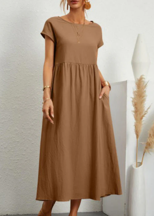 Loose Wine Red O Neck Pockets Solid Cotton Long Dresses Summer - Image 4
