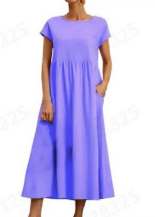 Loose Wine Red O Neck Pockets Solid Cotton Long Dresses Summer - Image 5