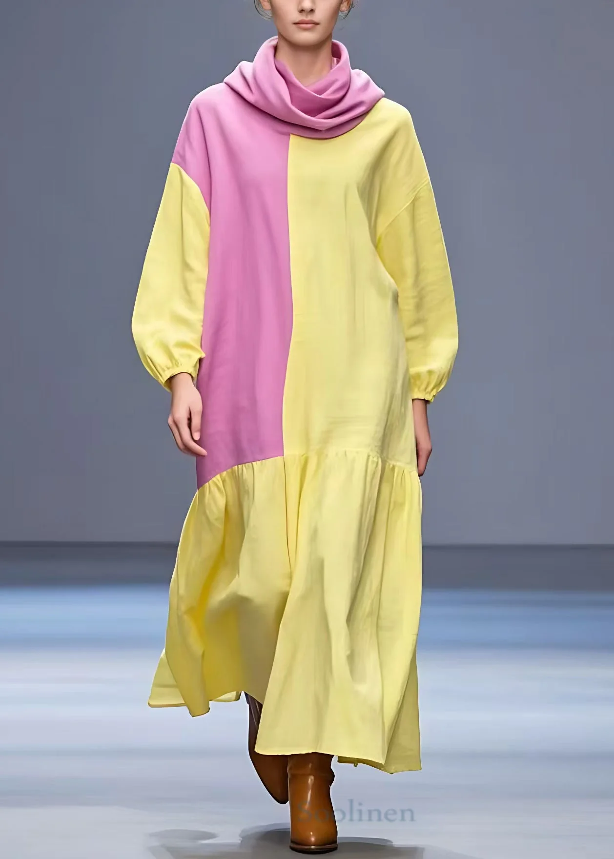 Loose Yellow Asymmetrical Patchwork Cotton Ankle Dress Fall - Image 2
