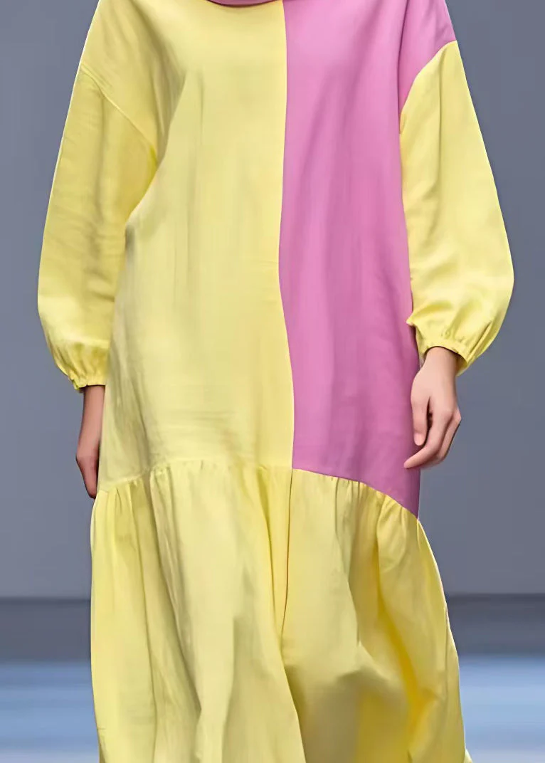 Loose Yellow Asymmetrical Patchwork Cotton Ankle Dress Fall - Image 4