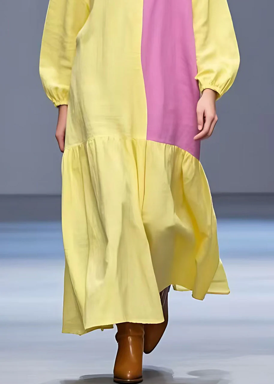 Loose Yellow Asymmetrical Patchwork Cotton Ankle Dress Fall - Image 5