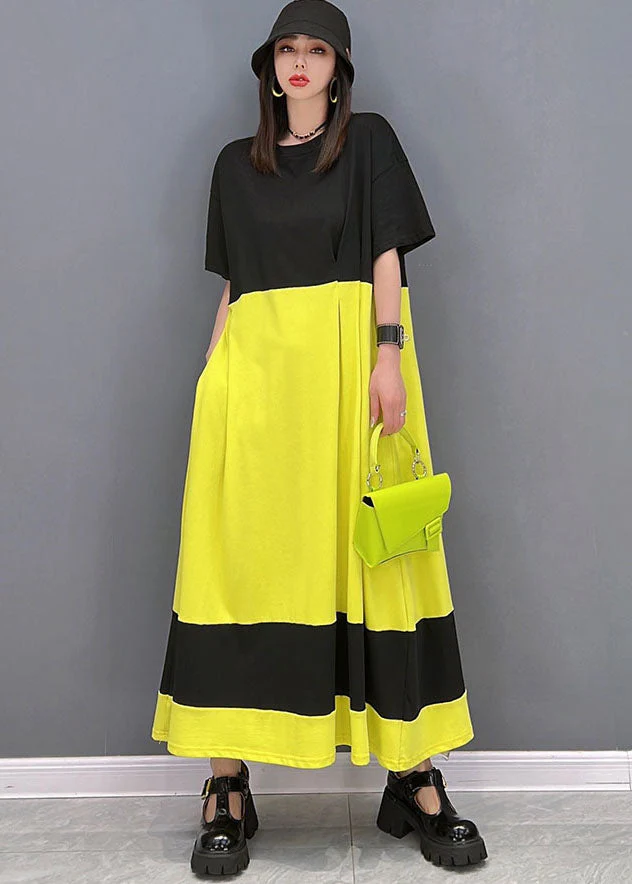 Loose Yellow Black Oversized Patchwork Cotton Long Dress Short Sleeve - Image 2