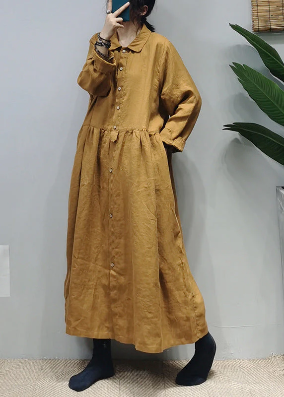 Loose Yellow Button Peter Pan Collar Linen Shirt Dress Long Sleeve - Image 2