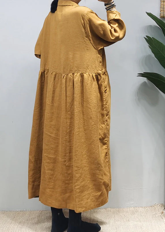 Loose Yellow Button Peter Pan Collar Linen Shirt Dress Long Sleeve - Image 3