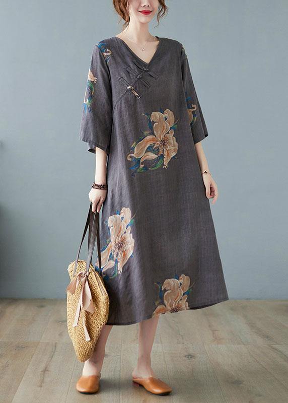 Loose Yellow Casual V Neck Print Summer Party Dresses Half Sleeve - Image 2